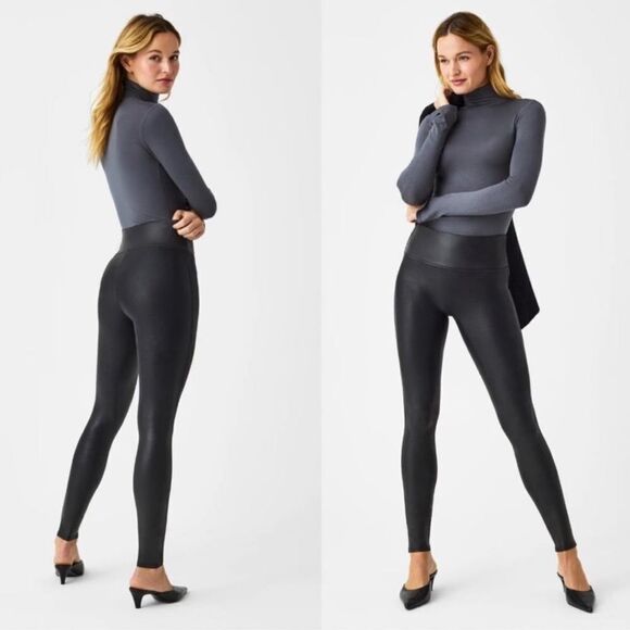 SPANX Faux Leather High Waisted Leggings in Black Size Large Petite Style 2437 - Picture 8 of 15